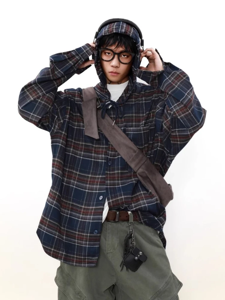 HOUZHOU Vintage American Style Plaid Shirts Hooded Women Man Oversized Checked Long Sleeve Top Harajuku Retro Jackets Streetwear