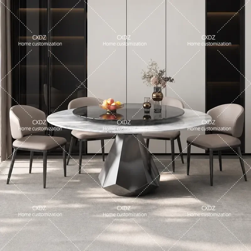 Marble Round Dining Table with Turntable High End Light Luxury Supercrystalline Stone Modern Home Furniture Set for Living