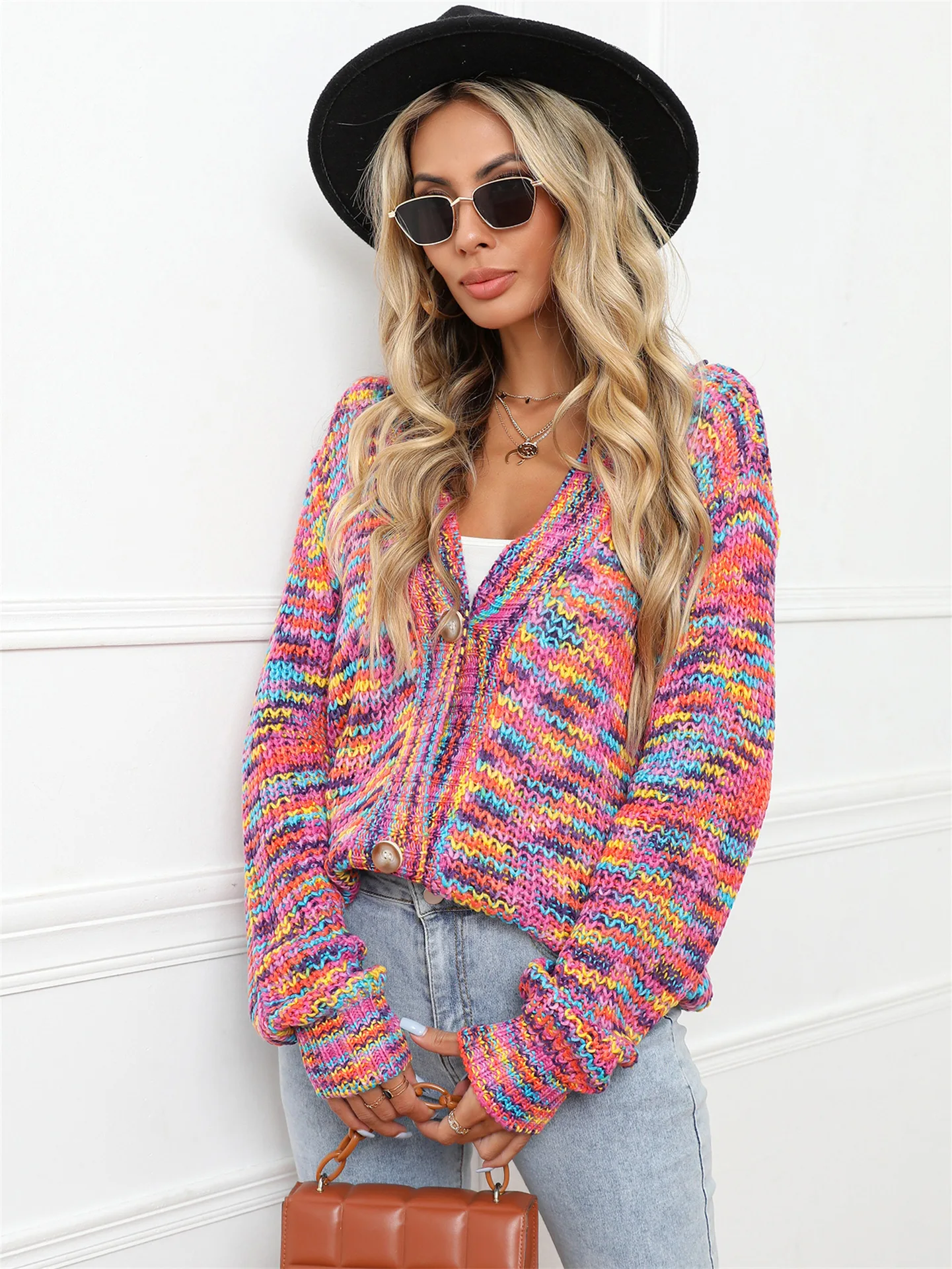 2026 Autumn Winter New V-neck Long Sleeved Colorful Sweater Elegant Splicing Knitted Cardigan Sweater Jacket for Women