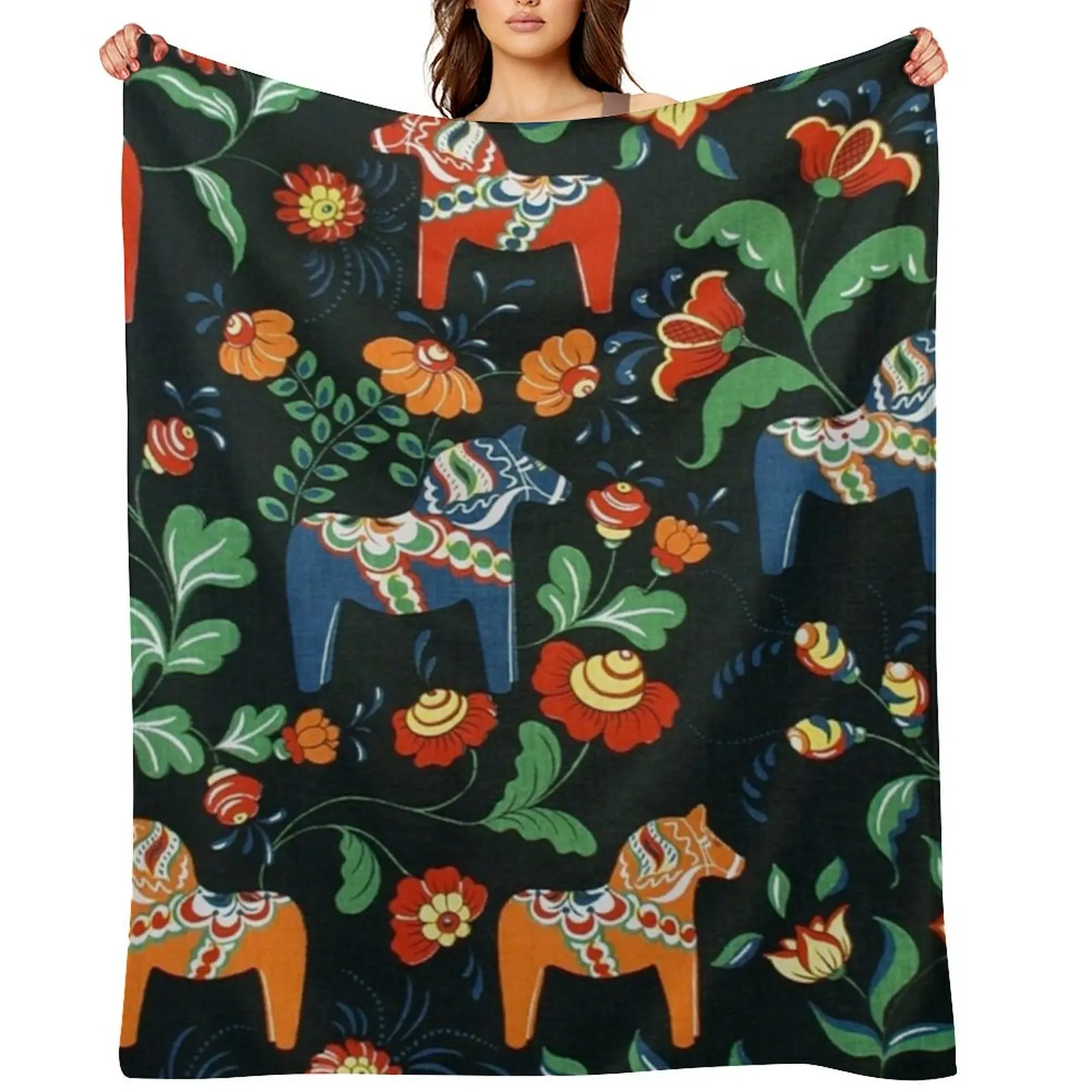 

BEST SELLER - Swedish Dala Horse Throw Blanket Flannel Fabric Winter beds Stuffeds Moving Blankets