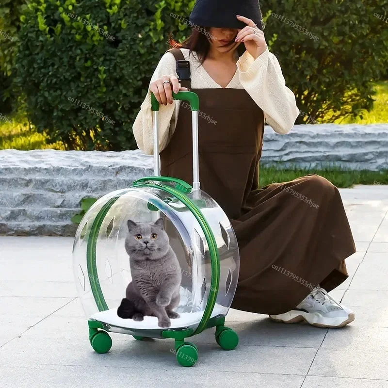 Transparent Cat Bag Breathable Outdoor Pet Box Kitten Handbag Movable Wheel Travel Case Pet Walking Dog Stroller Cat Carrier