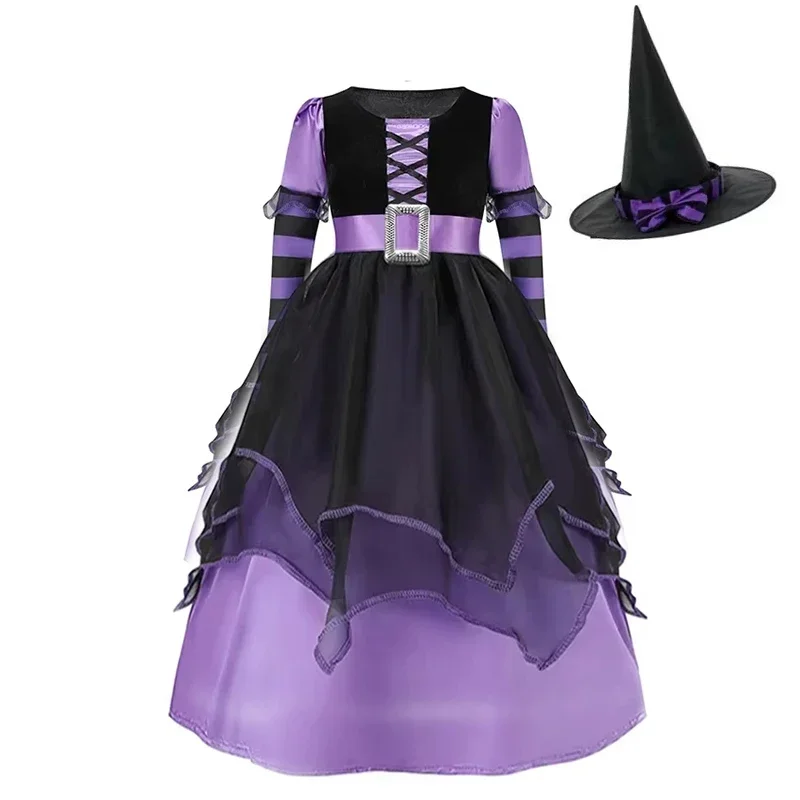 2026 Kinder Mädchen Halloween Hexen-Kostüm 2-teilig Langarm Mehrlagiges Tüllkleid mit Hut für Themen-Party – Detail 7