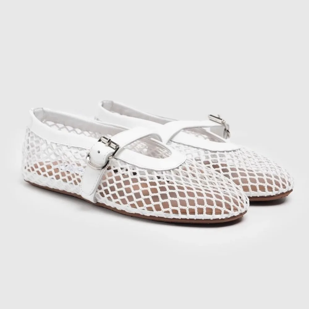 1 Pair Non-Slip Sole Summer Mary Jane Shoes Cut-Out Design Straight Buckles Mesh Ballerina Flats Breathable Net Flat