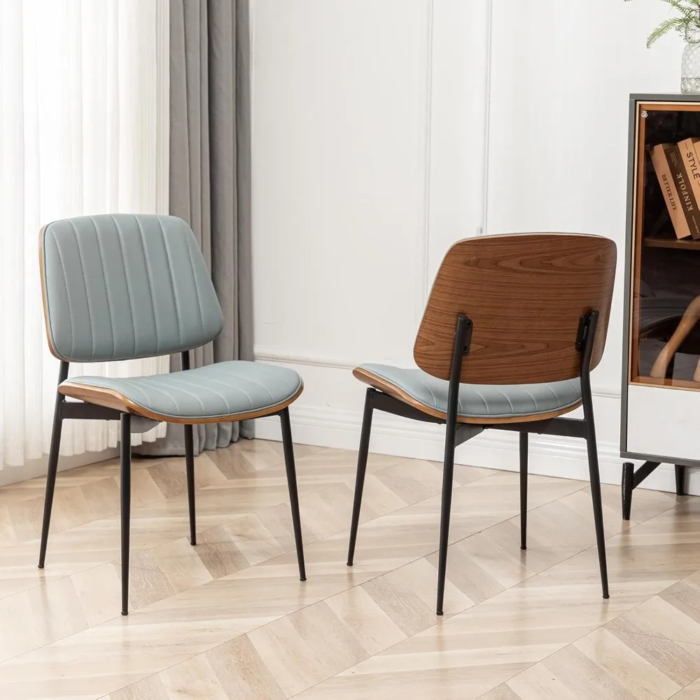 Dining Chairs Set of 2,Mid Century Modern Retro Faux Leather Chair with Walnut Bentwood Upholstered Seat Metal Legs Adjustable