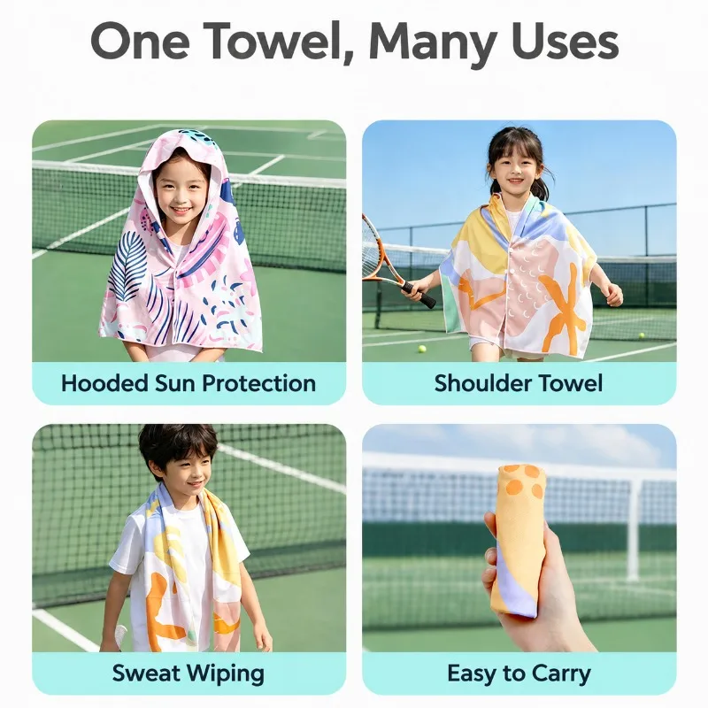 Kids Cold Feeling Ice Towel, Quick Drying Anti Pilling Sports Shawl Towel with Snap Button Anti Shedding Cape Towel for Children