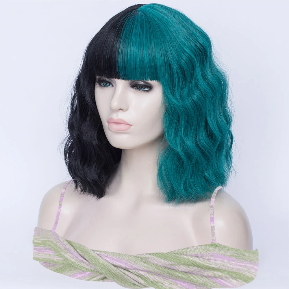المرأة تأثيري الباروكات الاصطناعية قصيرة مجعد أسود أخضر مزدوجة الإملائي اللون الباروكات مع الانفجارات لوليتا هالوين حزب الشعر وهمية