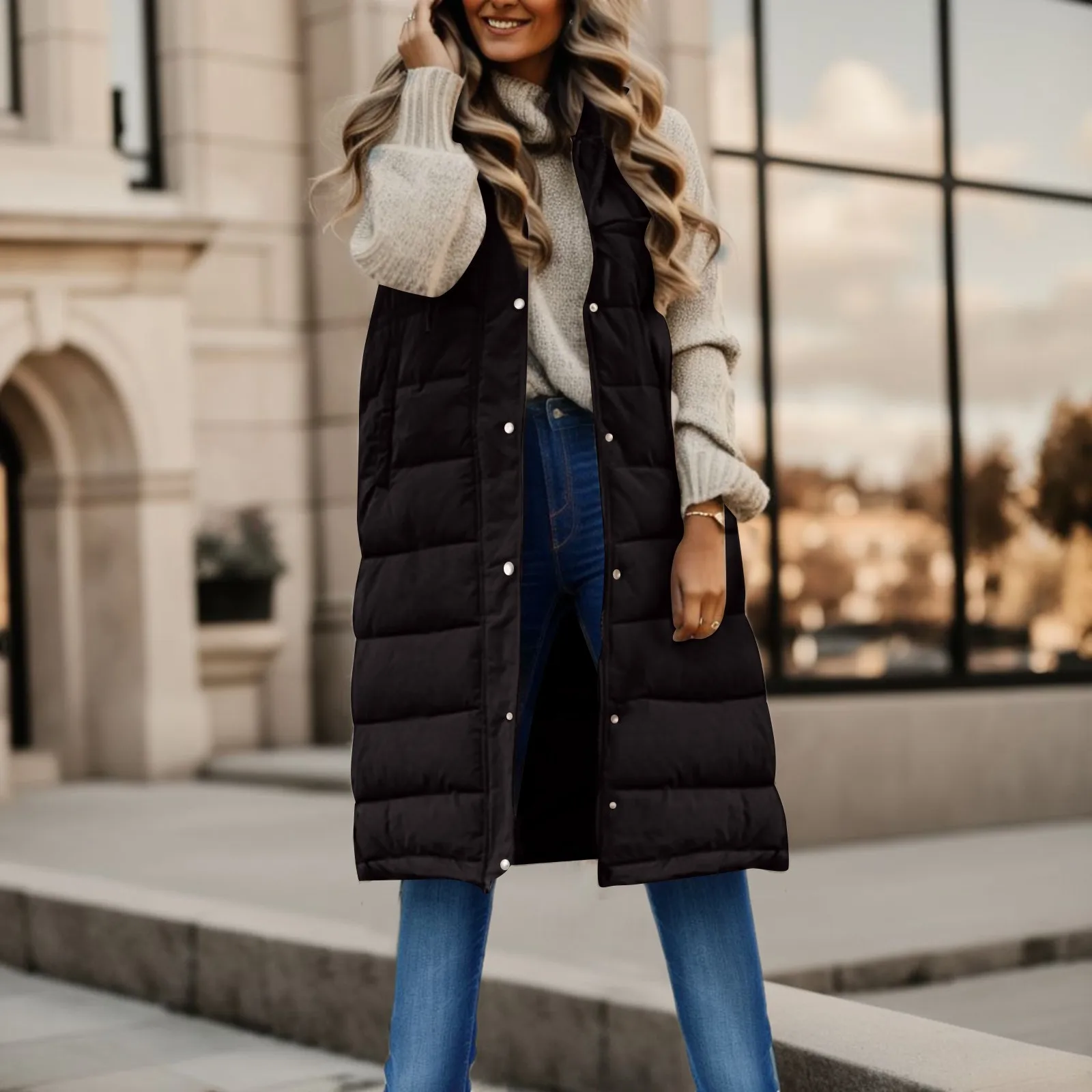 Chaleco largo sin mangas para mujer, y bolsillos Abrigo con capucha, Parkas cálidas para exteriores, ropa de abrigo cálida para Otoño e Invierno