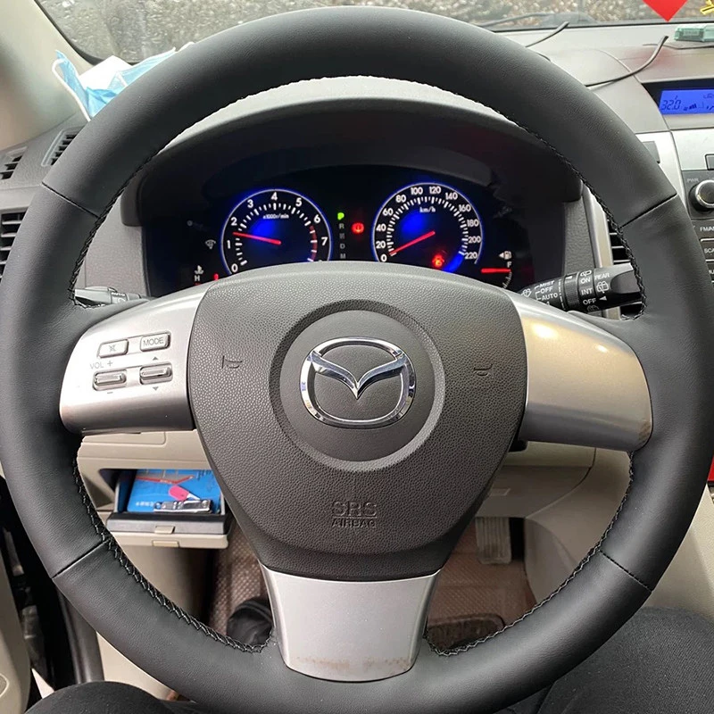 

Чехол на руль из микрофибры для Mazda 8 2011-2015, с возможностью индивидуальной настройки, ручная прострочка, противоскользящая оплетка