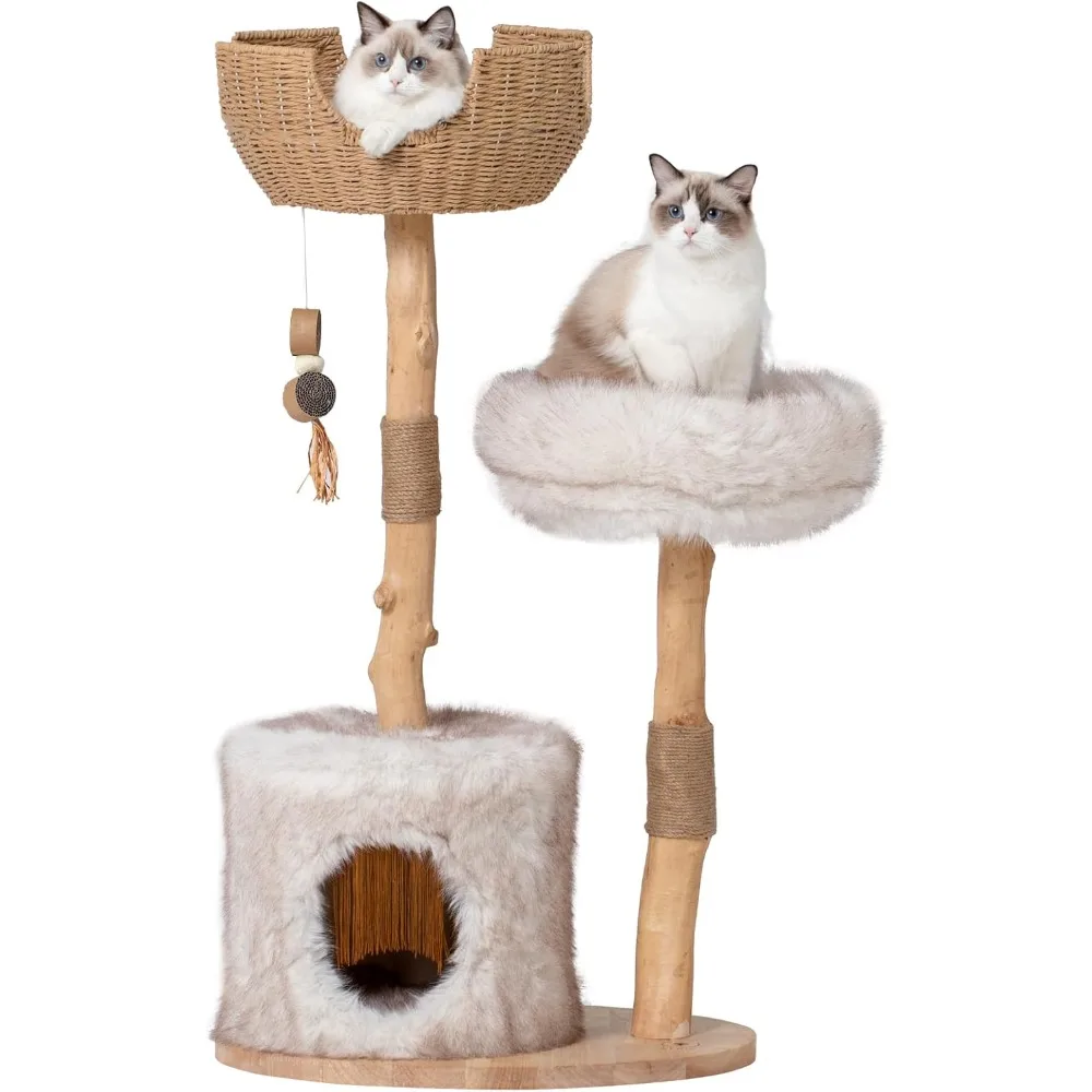 

44" Modern Wood Cat Tree Tower: Dual Real Branches with Luxury Condo, Scratching Post & Jumping Platforms
