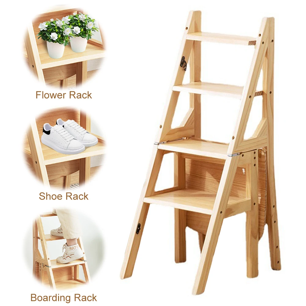 4 Tier Solid Wood Folding Chair Multi-Function Convertible Wood Ladder Folding Step Stool for Indoor Living Room Bedroom