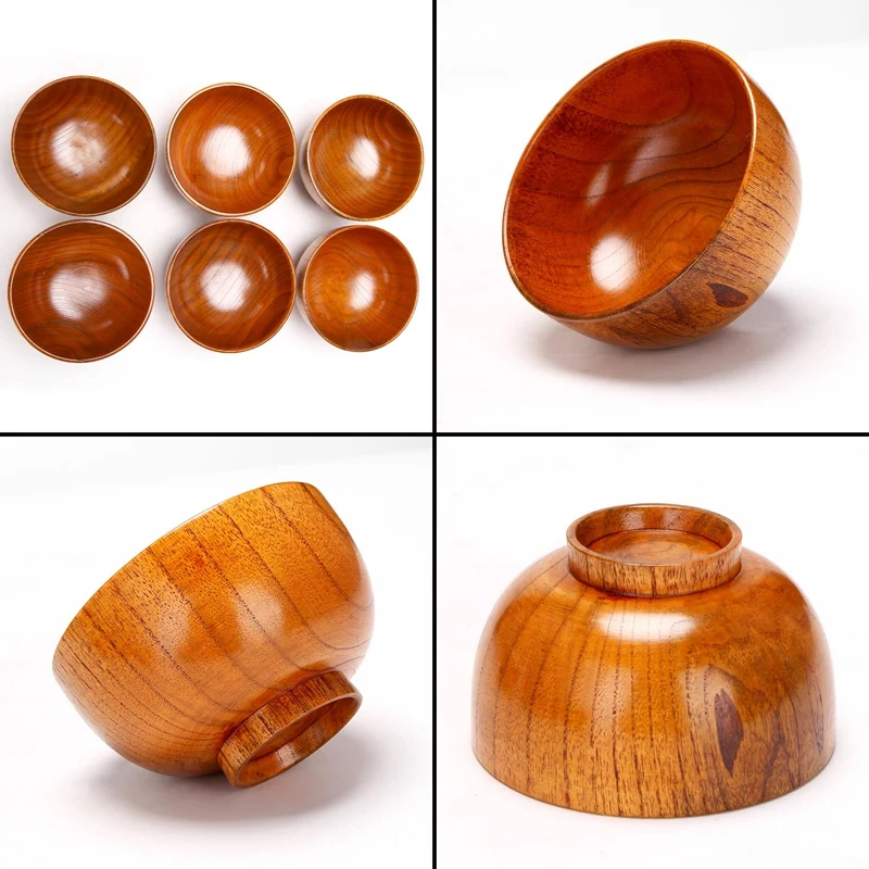 6 Pcs Wood Bowls Serving Tableware For Rice, Soup, Dip, Coffee, Tea, Decoration Wooden Salad Bowl Kitchen Cutlery Set