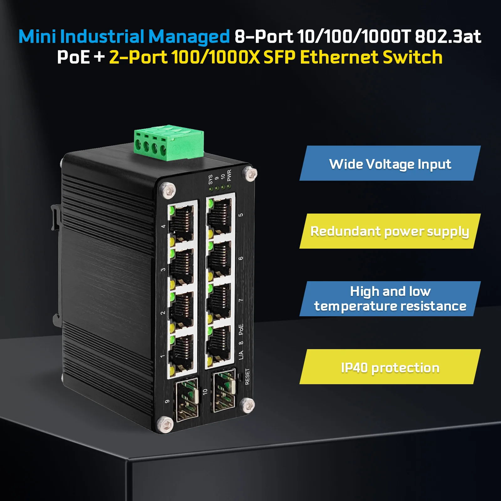 Mini Industrial 8 RJ45 Ports 2 SFP Gigabit Ethernet Switch Slot SFP, Din Rail, mendukung WEB, QOS, VLAN, IGMP