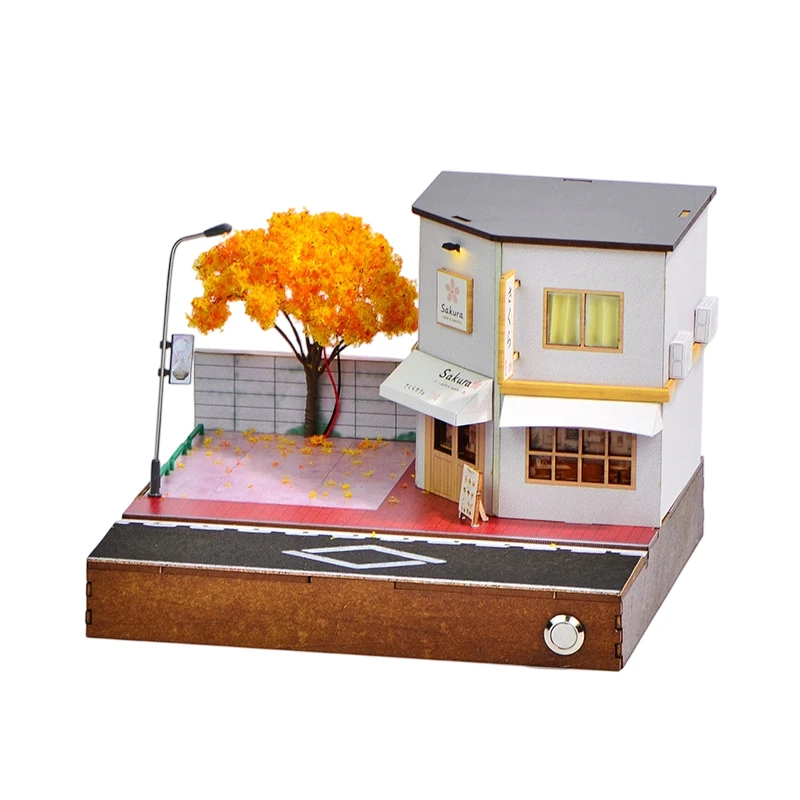 DIY Wooden Miniature Model Kits Japanese 1:64 Car Model Scene Sakura Cafe Car Showroom 3D Puzzle for Friends Birthday Gifts