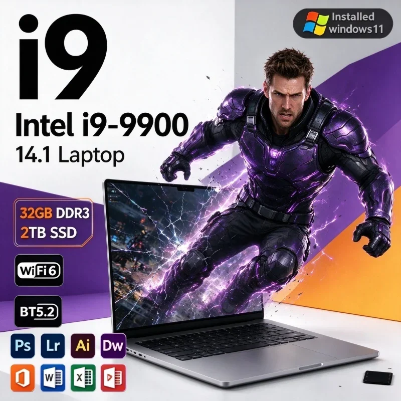 Hot New 2026 14.1 Inch High Speed FHD IPS Laptop Intel I9-9900 120Hz Backlit KB 16/32GB RAM 2TB SSD Win11 Notebook