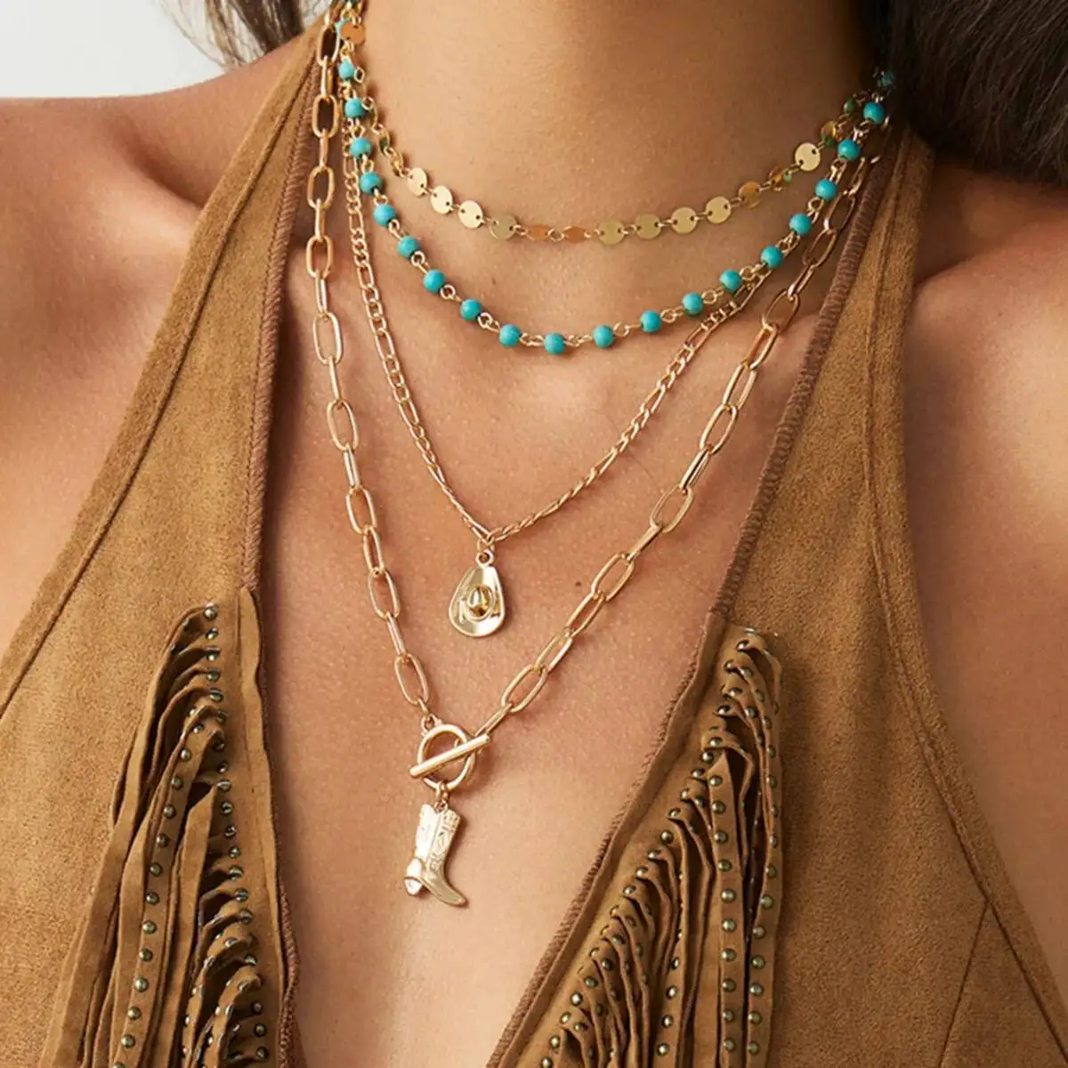 KunJoe 4 Pcs/Set Trendy Multilayer Stackable Choker Necklace for Women Ethnic Style Cowboy Hat Boots Pendant Necklace Vintage