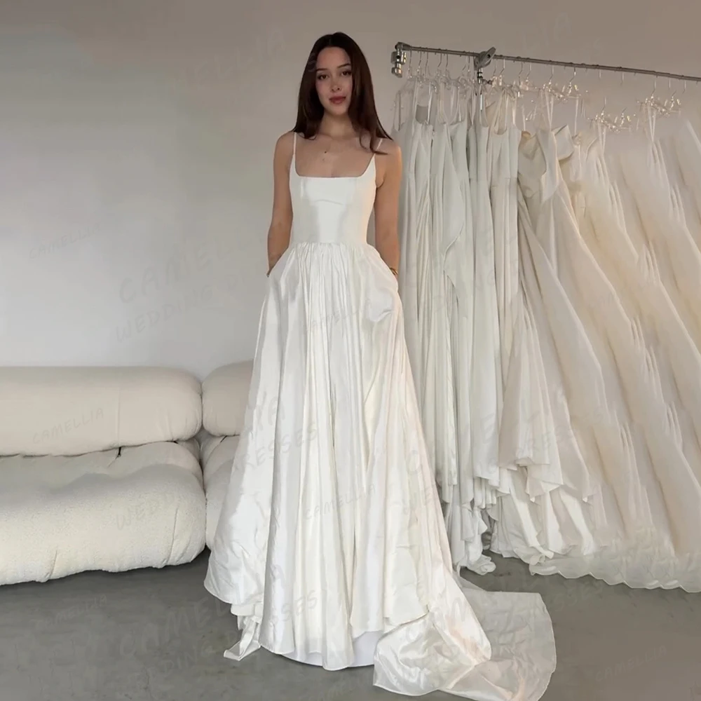 

Простые атласные свадебные платья, сексуальные платья невесты без рукавов с вырезом лодочкой и открытой спиной, элегантные плиссированные платья принцессы по индивидуальному заказу, Vestidos De Noche