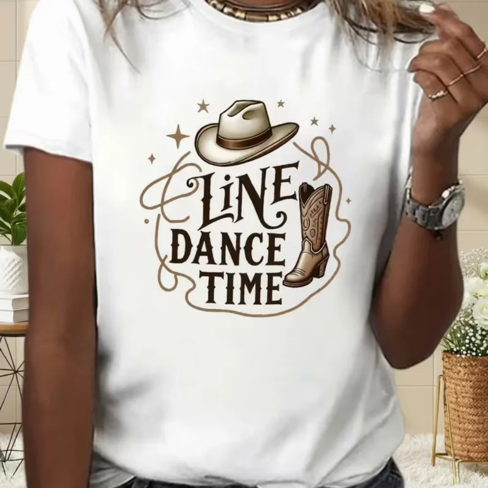 Plus Size Women's Summer Crew Neck Short Sleeve T-Shirt, Line Dance Time Western Cowboy Hat, Leather Boots, Retro Letter Print Casual Top