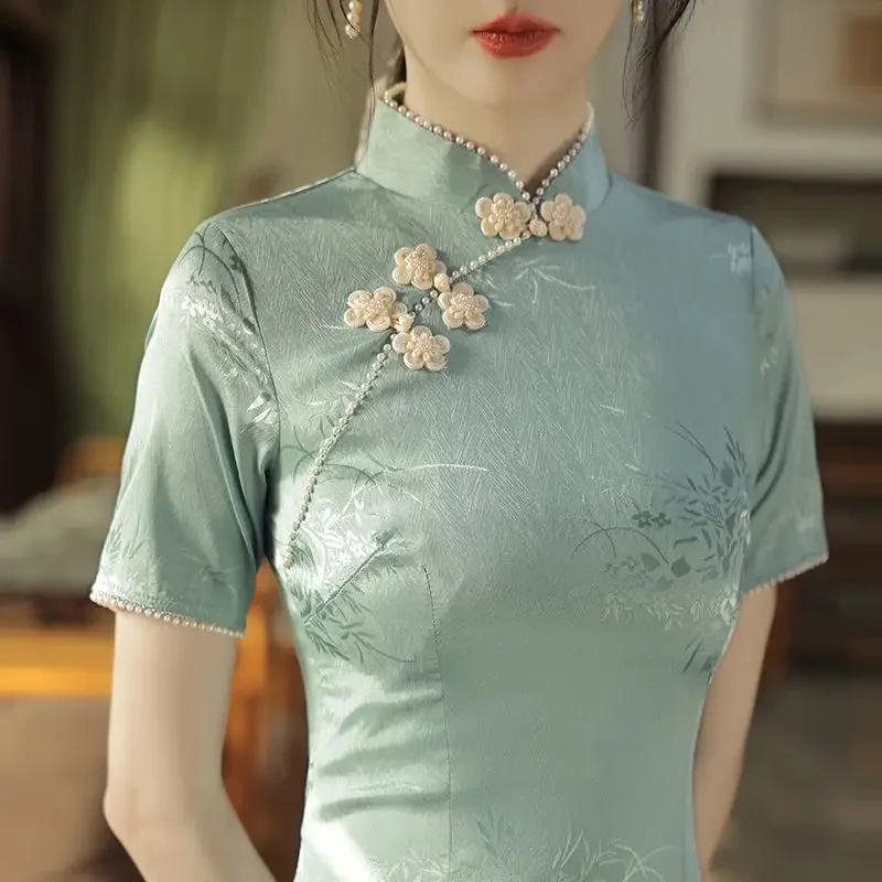 

Лето 2022, женское винтажное свадебное платье Cheongsam с цветочным принтом, тонкие летние повседневные платья, новый китайский стиль Qipao от S до Xxl