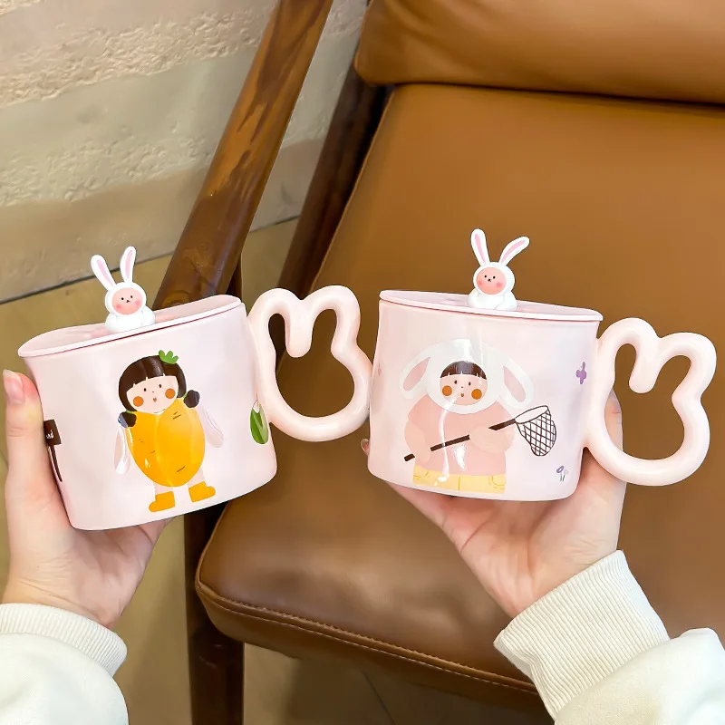 300ml Cartoon Ceramic Mug With Lid and Spoon Creative Cute Coffee Milk Tea Breakfast Cup Drinkware Novelty Gifts