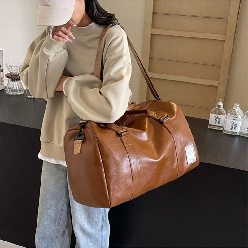 

Leather Gym Bag Women'S Travel Totes Duffle Sports Fitness Casual Luggage Handbag Shoes Pocket Shoulder Weekend Outdoor Bag