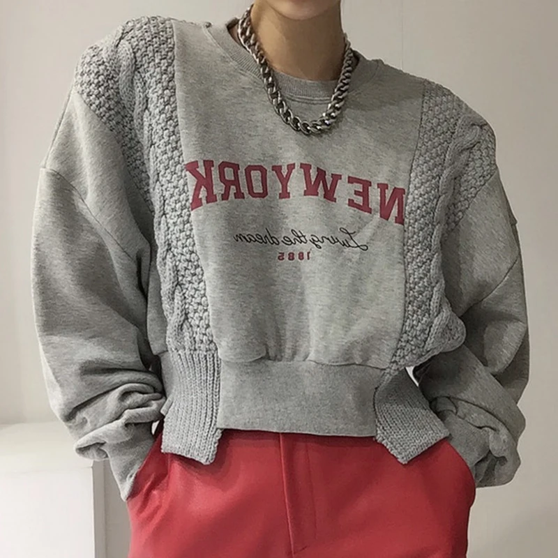 Chique vintage letterprint gebreid patchwork los casual lantaarn Sve sweatshirt dames Faion herfst katoen rond Ne