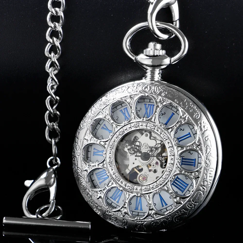 Luxury silver Color Hollow Mechanical Pocket Watch Chain Beautiful Fob Watches Men Women Hand-wind Clock Birthday Gifts