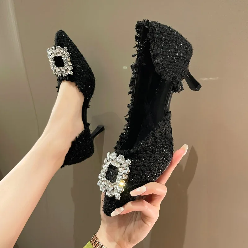 

New Fashion Stiletto Heels White Wedding Shoes Fashion Pointy Square Button Rhinestone Sandals Temperament Women's Women's Shoes