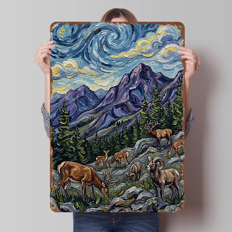 Mountain Landscape With Deer and Ram Metal Poster Custom Wall Art Retro Vintage Tinplate Signs for Man Cave Room Decoration Home