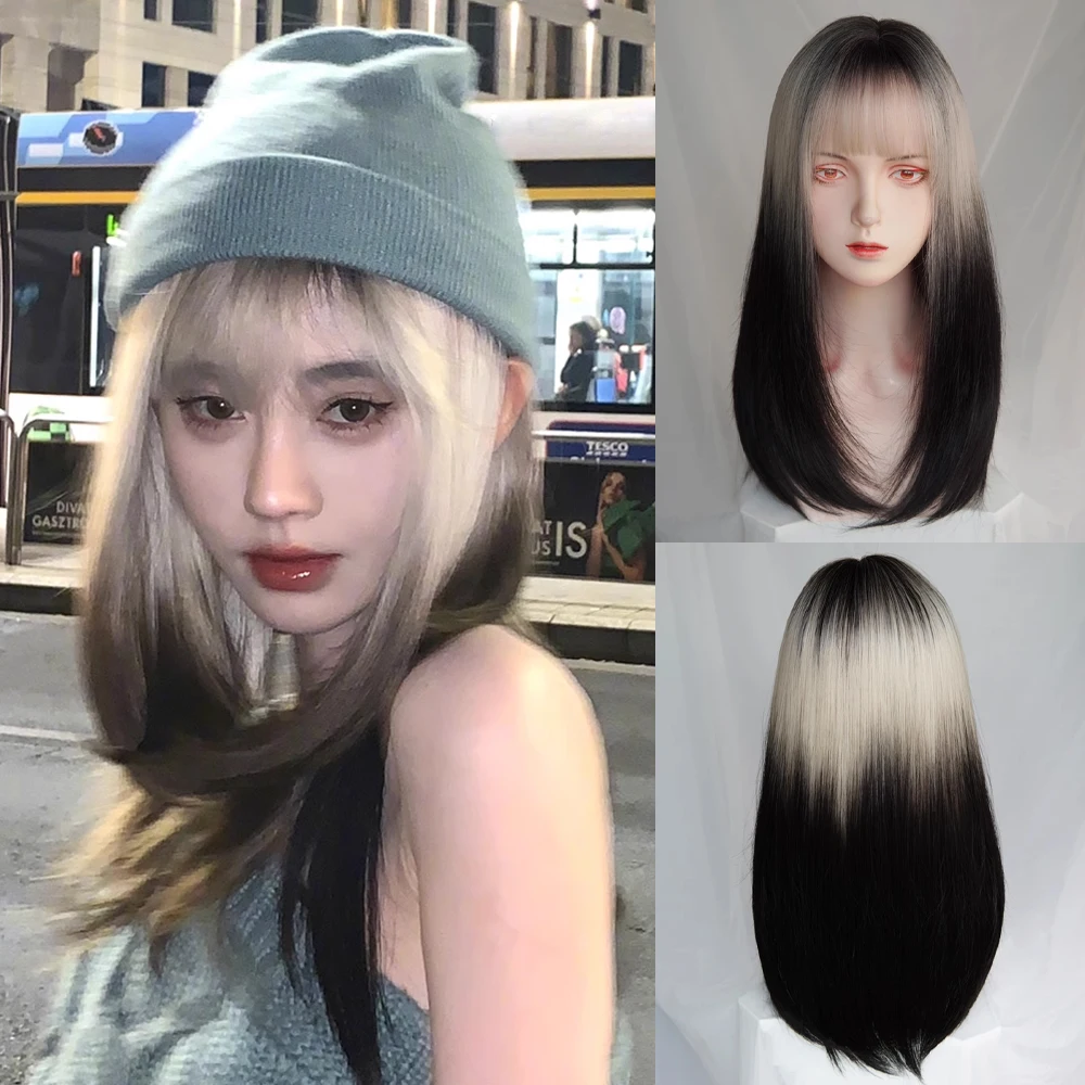 Ombre Black Beige Gradient Synthetic Long Straight Women Wigs with Bangs Lolita Fluffy Cosplay Hair Wig for Daily Party