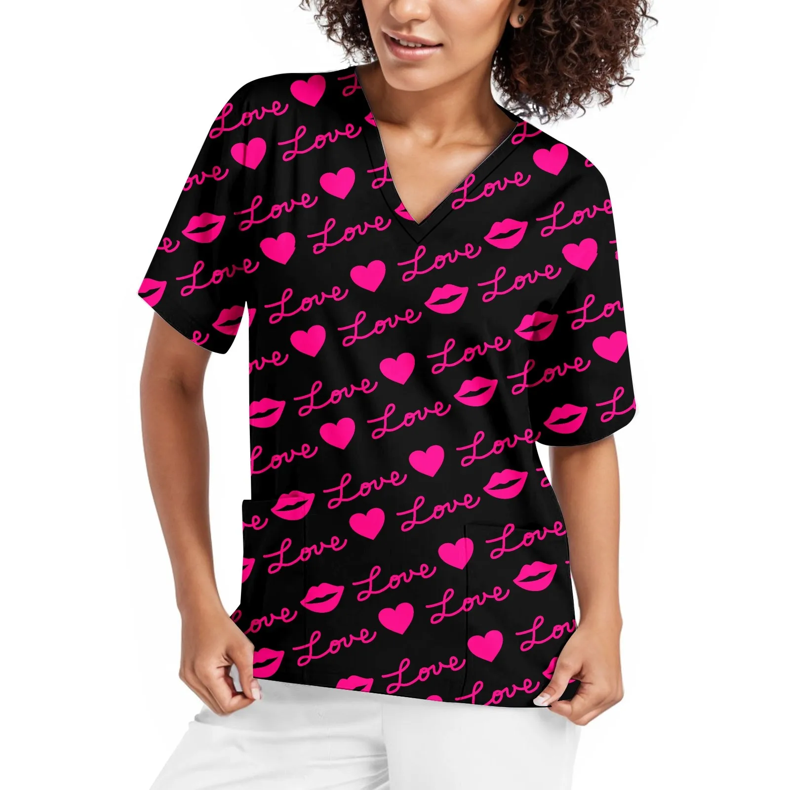 

Женский топ с коротким рукавом, V-образным вырезом и карманами