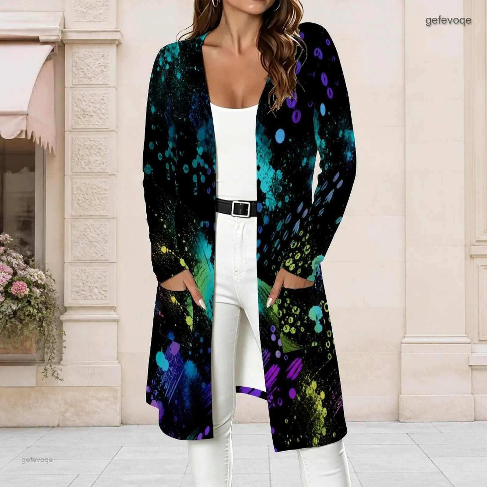 Women Cream Teal Gold Abstract Leaf Print Long Sleeve Open Front Longline Cardigan with Pockets