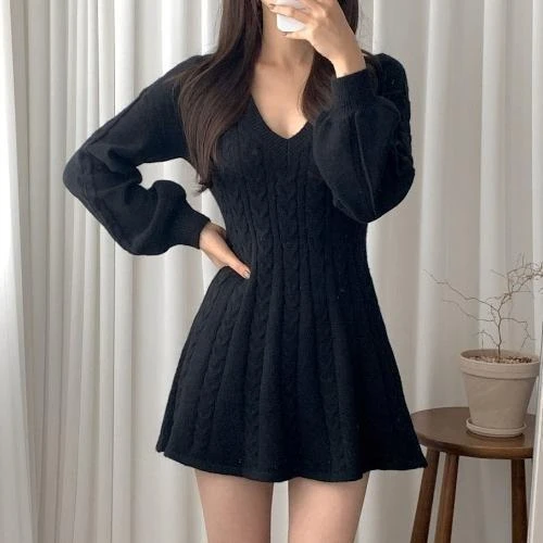 Women Vintage Puff Long Sleeve Cinched Waist Petite Knit Sweater Mini Dress Korean Chic Autumn Winter Elegant Party Dress