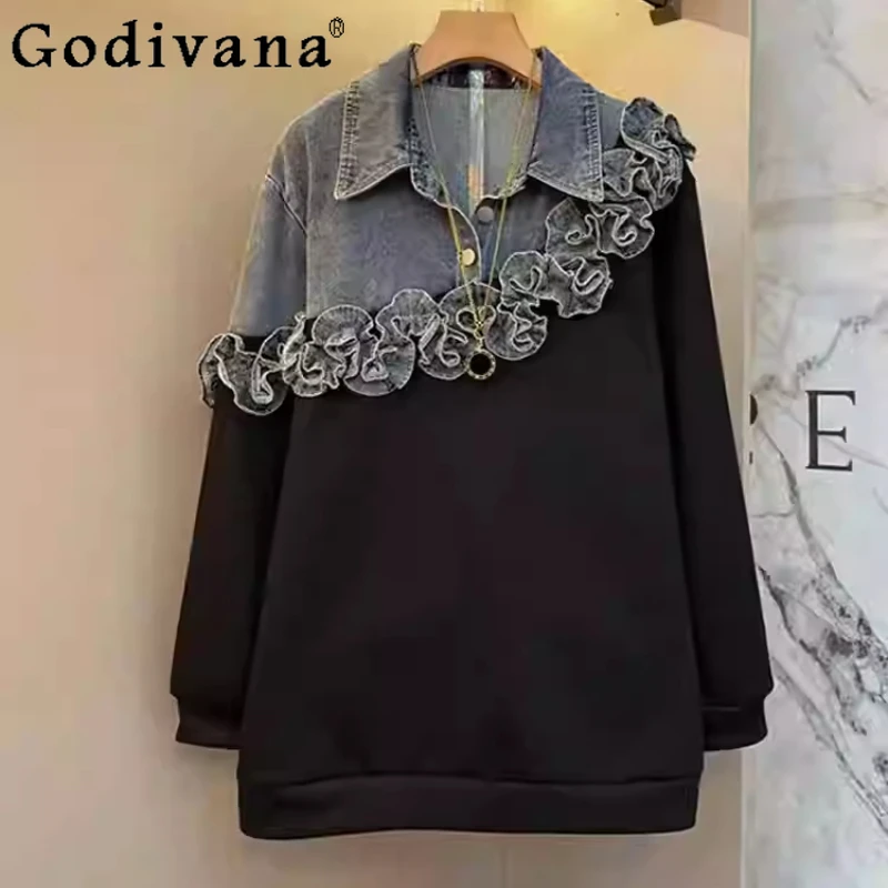 Sweat-shirt à manches longues en denim pour fille grande taille 2026, col rabattu, style industriel lourd, mode coréenne, ample, décontracté, personnalité, haut