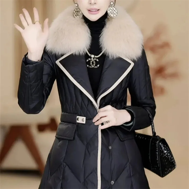 2024 Winter Female New Thickened Waist Down cotton Jacket Imitation Big Fox Fur Collar Medium Long Belt Flip Collar High end