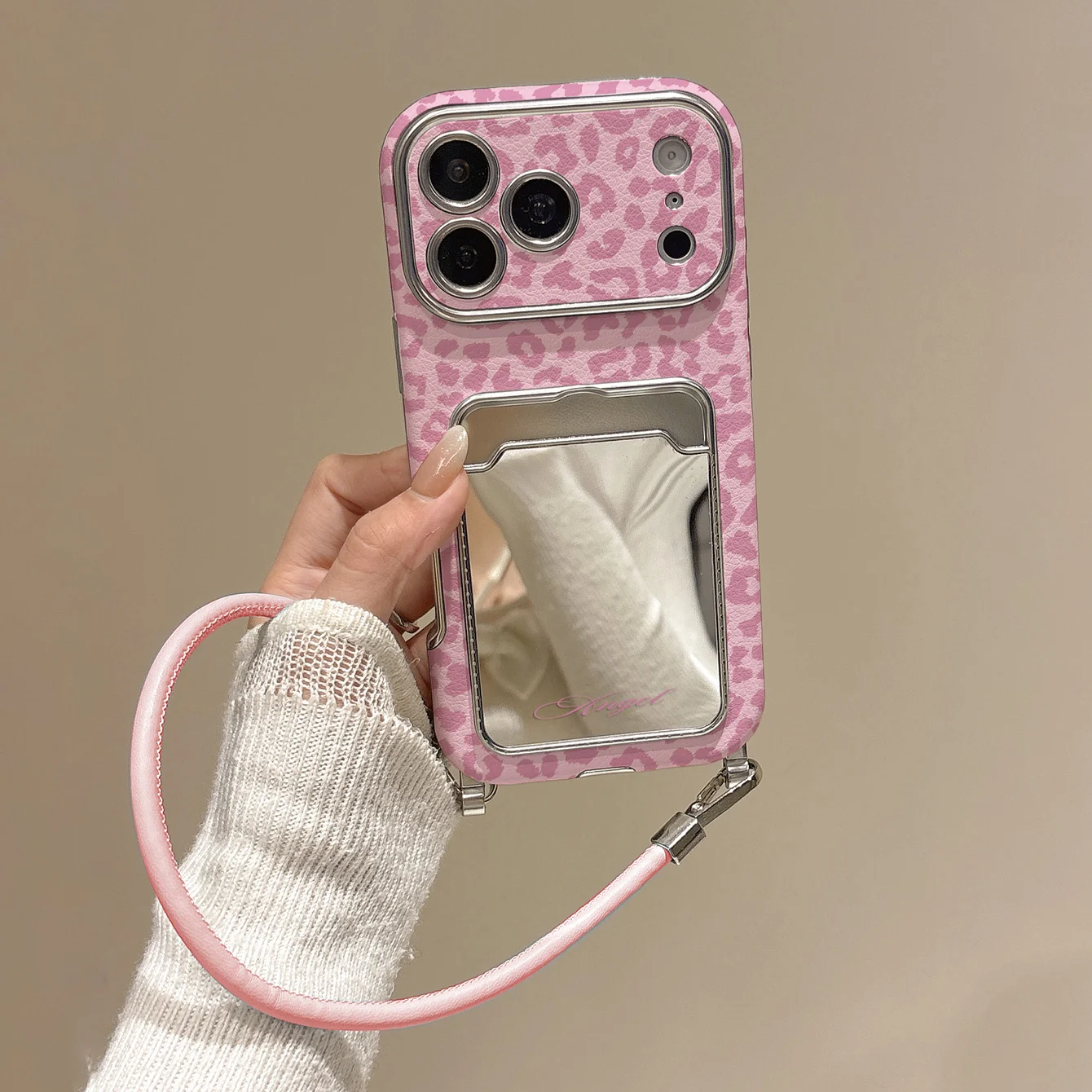 Y2K Cute Pink / Blue Leopard PU‑Leather Phone Shell, Makeup Mirror & Leather Wrist‑Lanyard For iPhone 13‑15-16-17-18Pro Pro Max