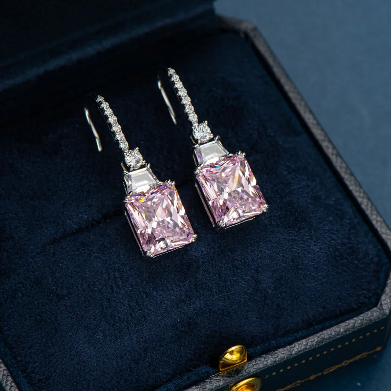 

Princess Cut Created Pink Sapphire 925 Sterling Silver Geometric Square Hoop Earring for Women Statement Gemstone Jewelry Huggie