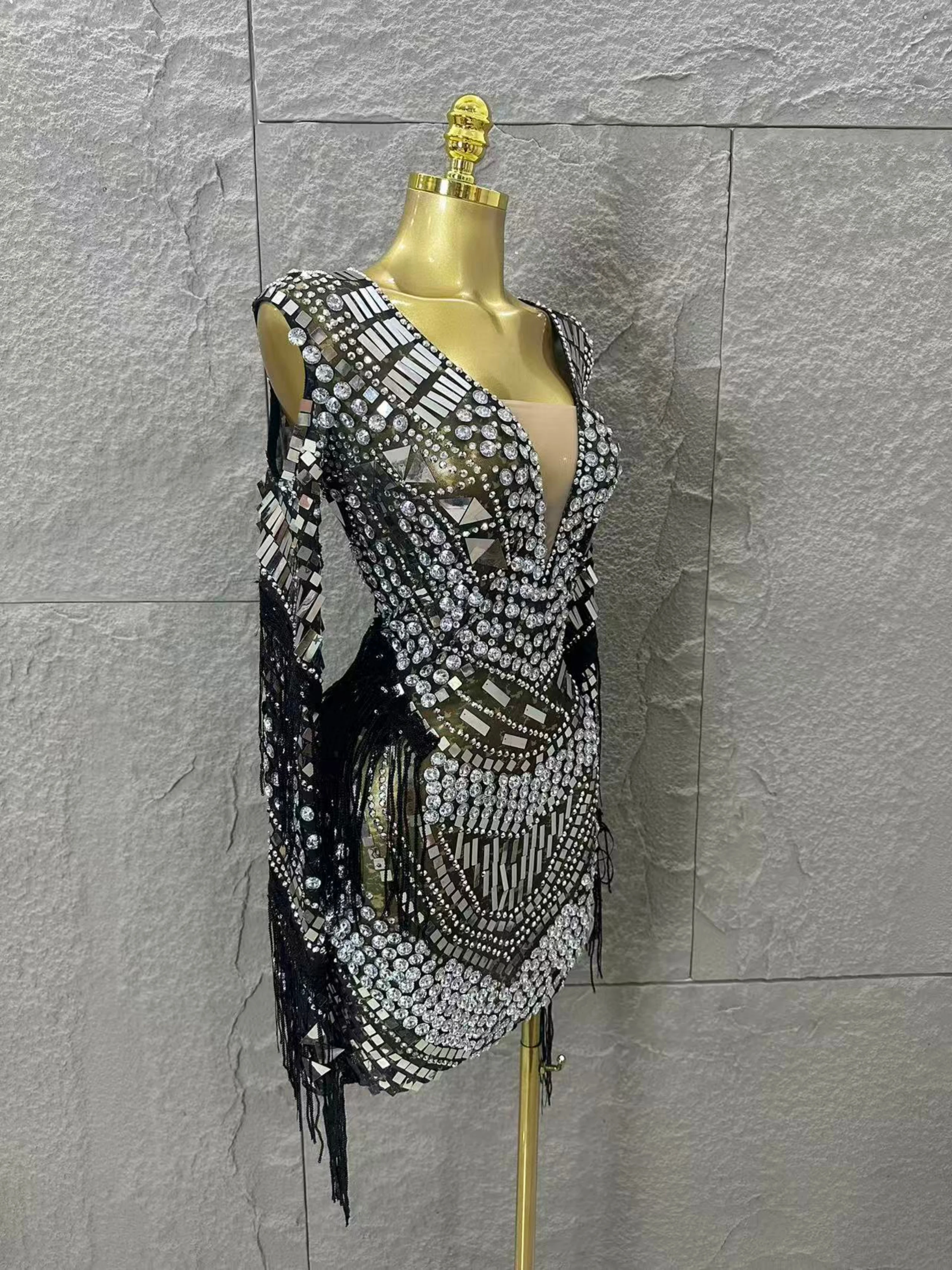 Luksusowa, błyszcząca sukienka mini z cekinami, frędzlami, długimi rękawami, prześwitująca, idealna na wieczorne przyjęcie, urodziny, seksowna, z siateczki, do klubu nocnego.