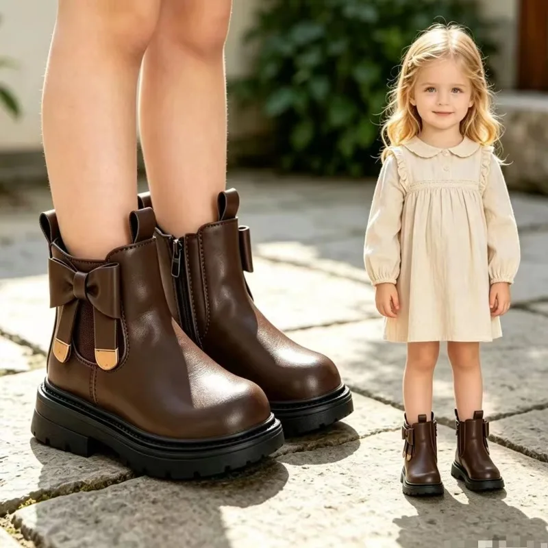 Children's Autumn and Winter Warm Short Boots Girls Casual Flat Boots Student Bow Mid-Calf Boots Kids Casual Retro Party Shoes