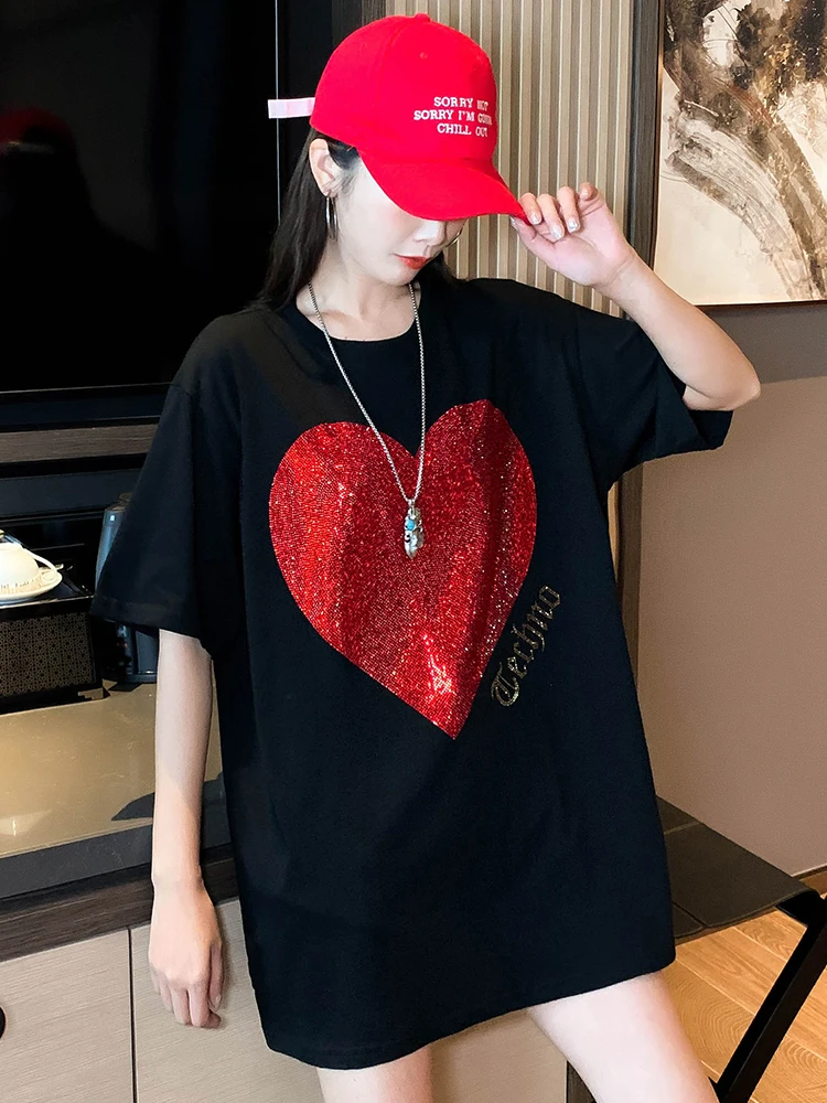 Hot Drilling Love Black T-shirt Female Short Sleeve Tshirt Loose Casual Cotton Top Lady 2022 New Summer T Shirts 40-150KG