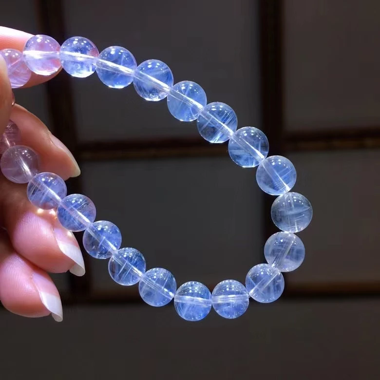 Natural Blue Feather Needle Rutilated Quartz Crystal Bracelet 8.7mm Angel Clear Round Beads Pyramid Women Men Stretch AAAAAA