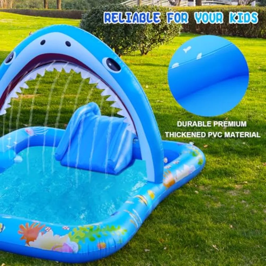 Backyard inflatable kiddie pool with water slide and sprayers thickened PVC blue for toddlers and play ball hoop view 6