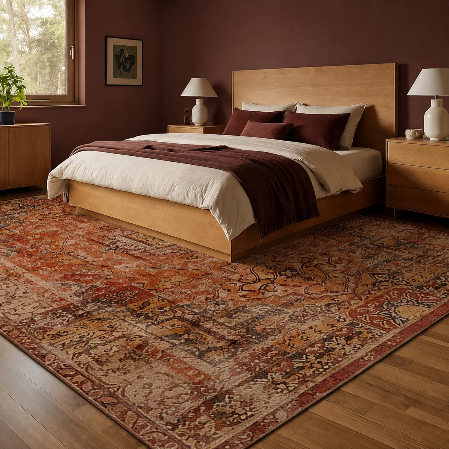 Large Indoor Area Rug, Soft Velvet Low Pile with Non-slip Dotted Backing, Machine Washable Vintage Distressed Persian Terracotta Rug for Living Room, Bedroom, Dining Room