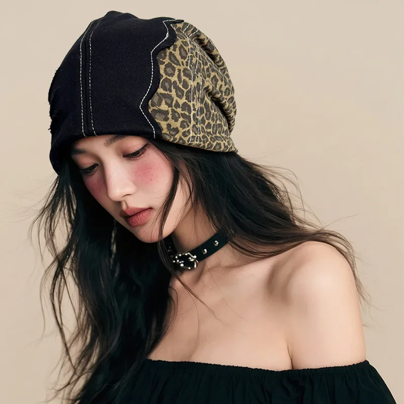 

Vintage Colorblocking Hat American Spice Girls Hole Breaking Leopard Print Stacked Hat Hundreds of Fashion Personalities