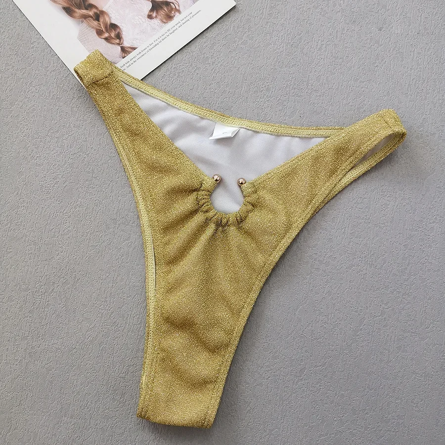 Sexy Gold-Glitzer-Bandeau-Bikini-Sets, zweiteilig, Metallring, Tanga, Badeanzug, Badeanzug, Bademode, Biquini, Bakini, Tankini