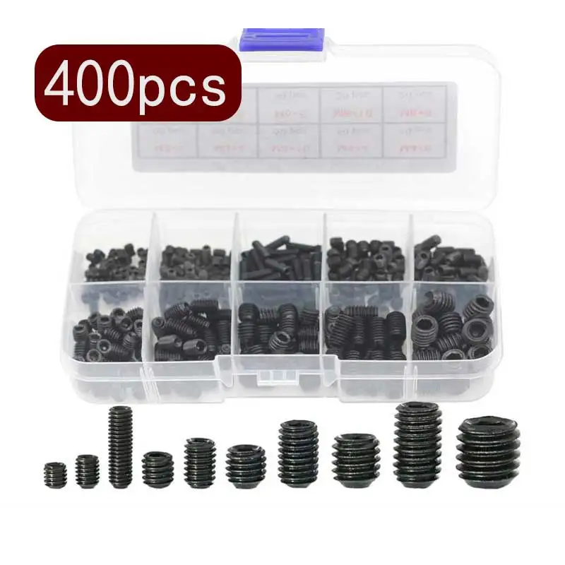 400Pcs/set Allen Head Socket Hex Grub Screw Kit M3/4/5/6/8 Hex Drive Cup-Point Set Screws for Door Handles Faucet Light Fixtur