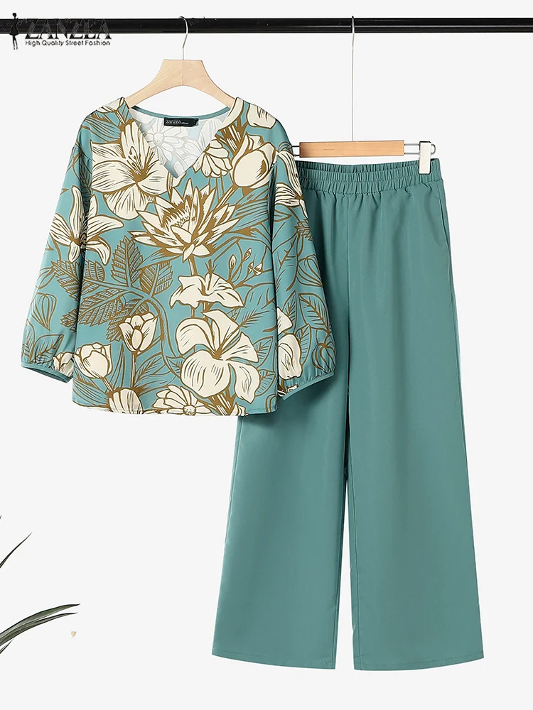 ZANZEA-chándal estampado para mujer, conjuntos de pantalones, 2 uds., blusa de manga larga a la moda, pantalones, traje, conjuntos elegantes a juego para trabajo, otoño 2024
