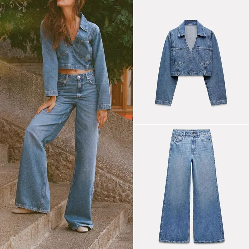 PRINTKAOIR automne nouveau produit femmes mode col décontracté à manches longues chemise en jean courte taille haute jambe large jean ensemble