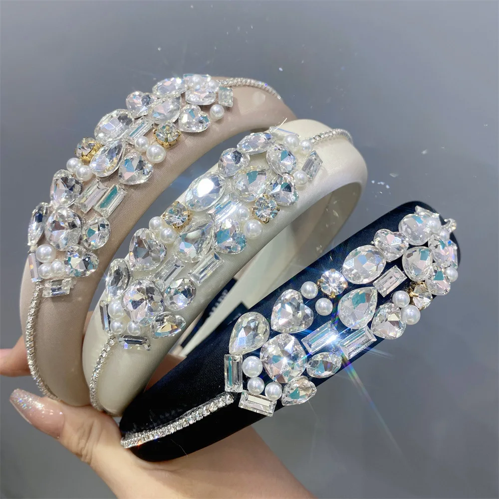 High End Luxury Crystal Diamonds Headband for Women Party Hair Accessories Shiny Rhinestone Hairband Soft Sponge Thick Headband