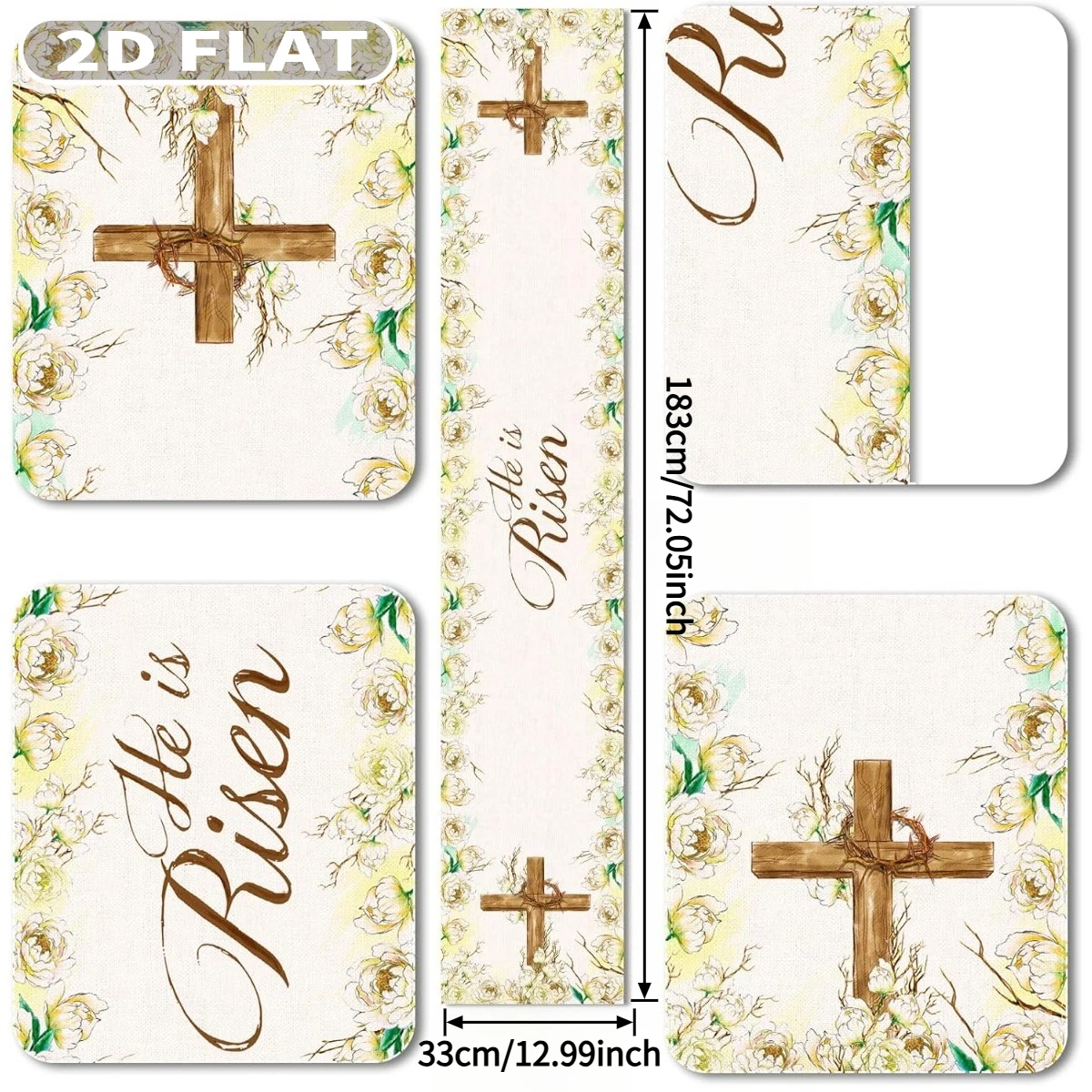 2D FLAT 1pc He Is Risen Tablecloth Christian Cross Resurrection Easter Decoration, 33x183cm/13x72 Inch Tablecloths