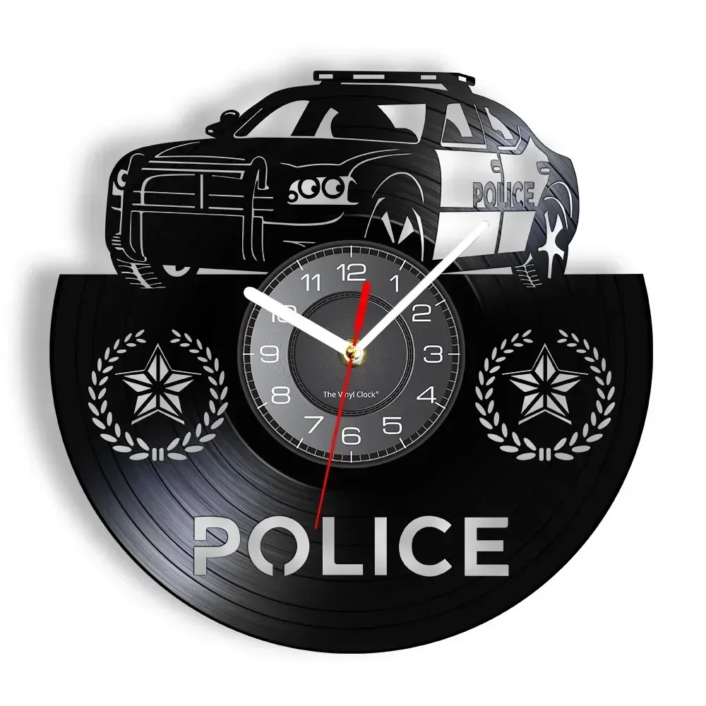 Police Wall Clock Made of Real Vinyl Record for Law Enforcement Officer Protect and Serve Sheriff Decorative Silent Clock